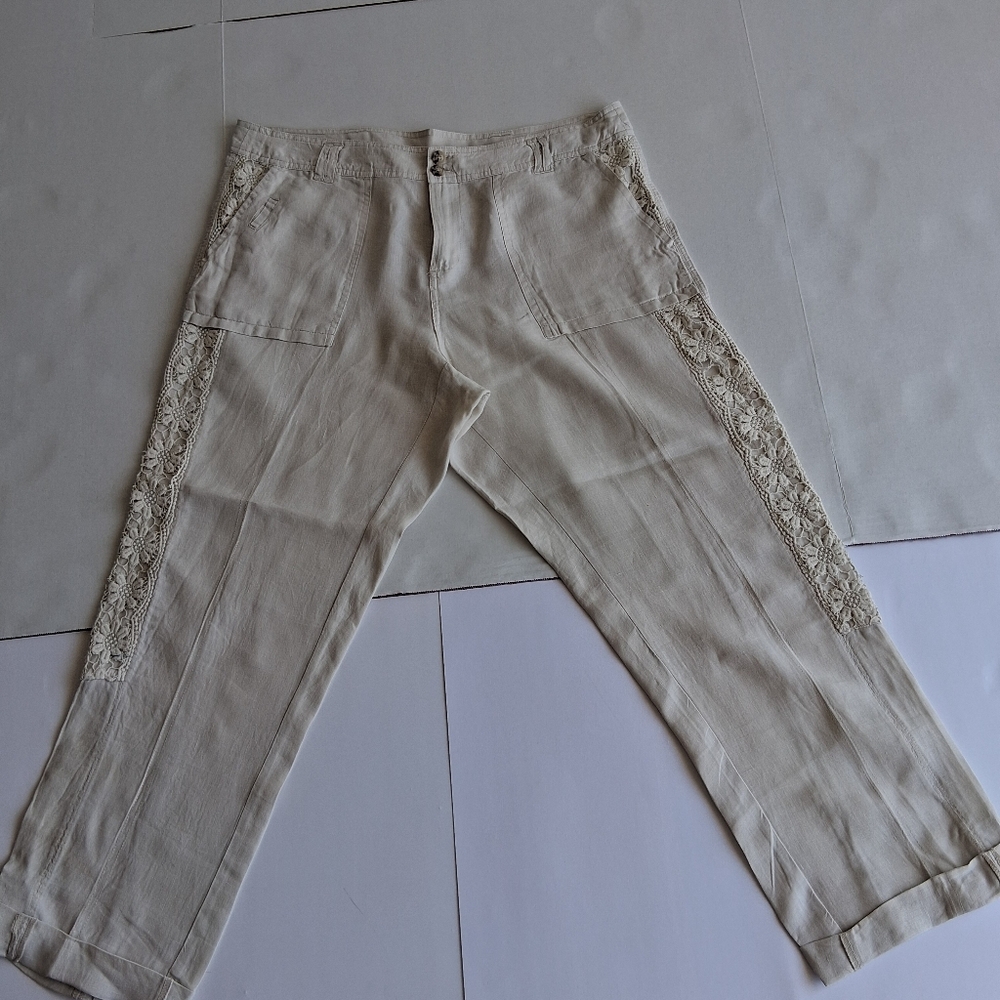 Light Beige Women's Linen Blend Wide Leg Pants - Picture 14 of 14